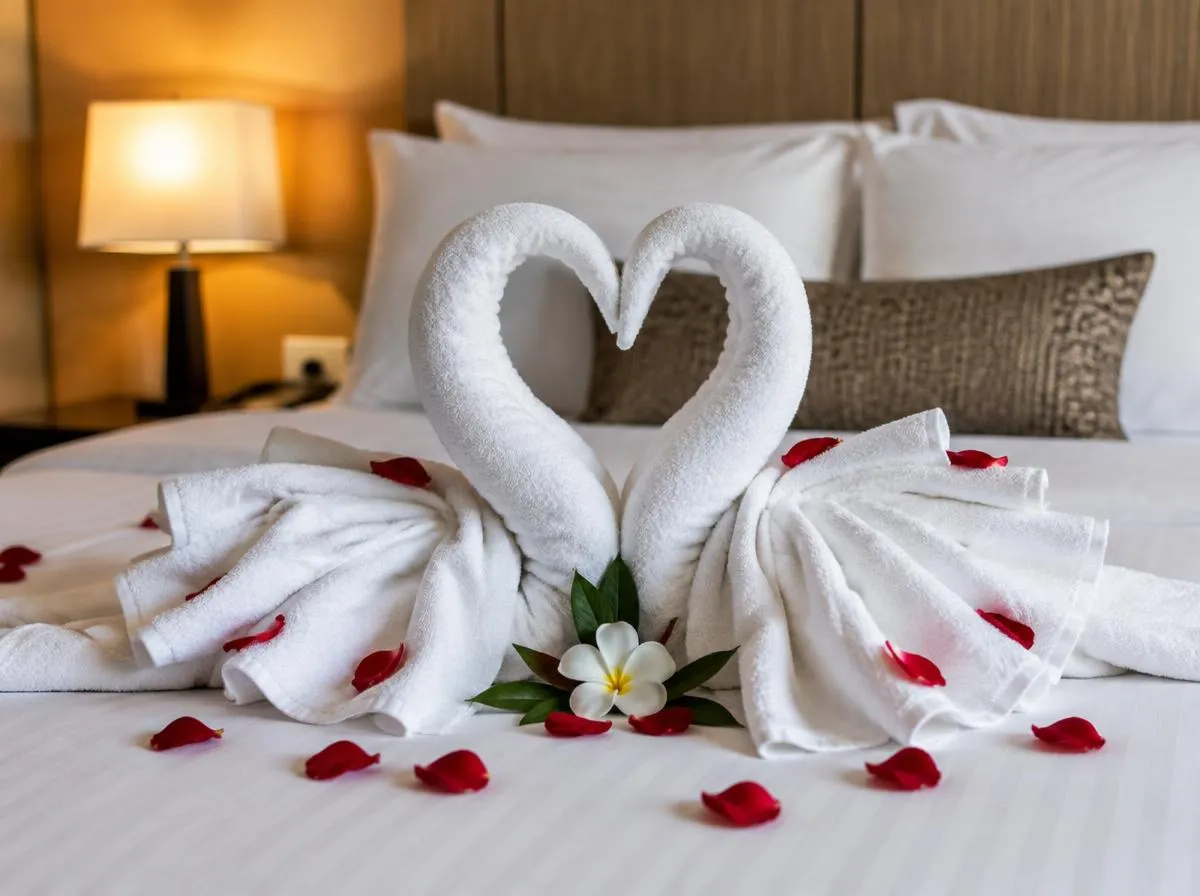 Guest room bed with folded towel swans
